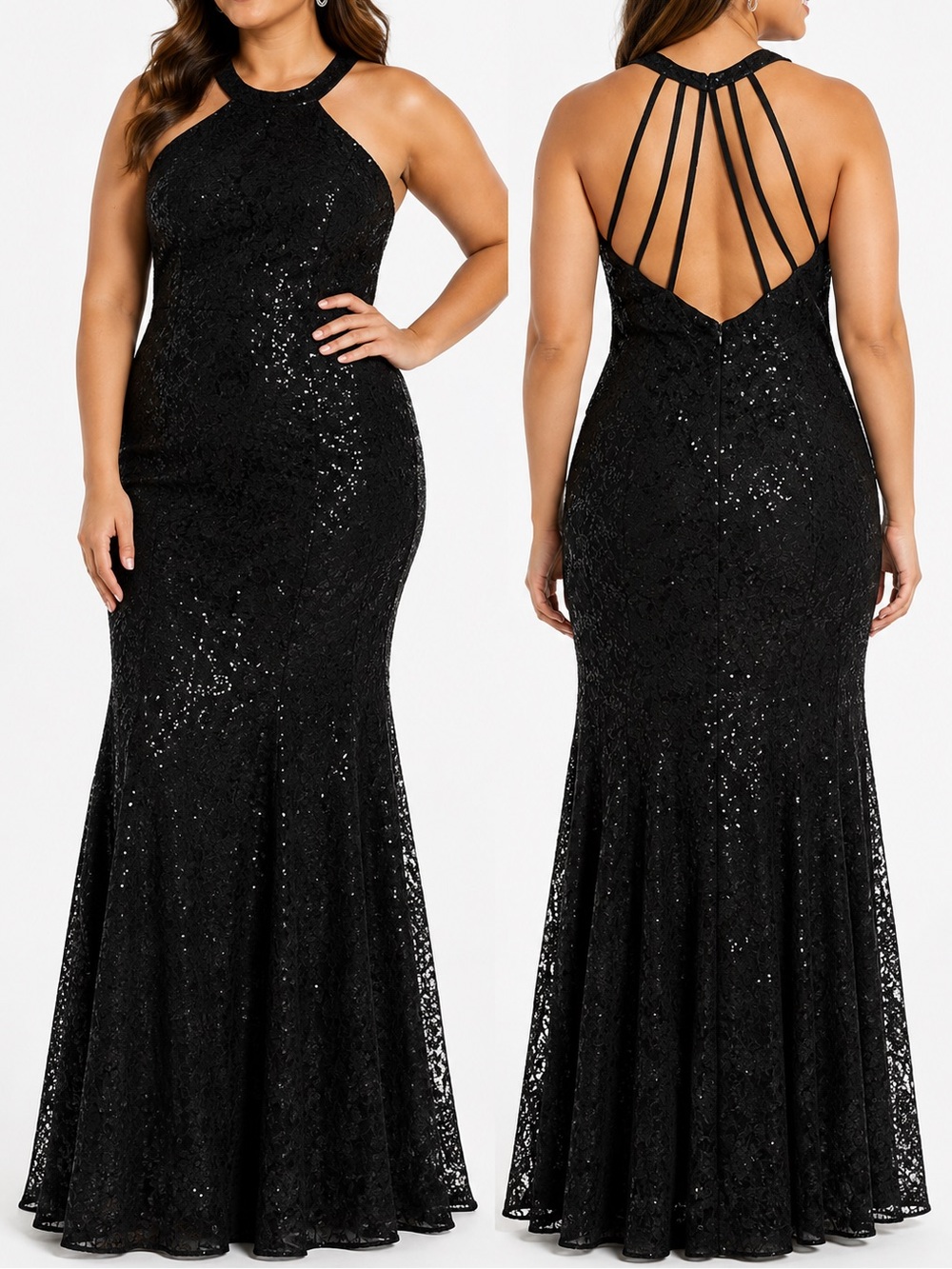 Morgan & Co Plus Size‎ 16W Black Glitter Lace Mermaid Maxi Dress Formal Evening